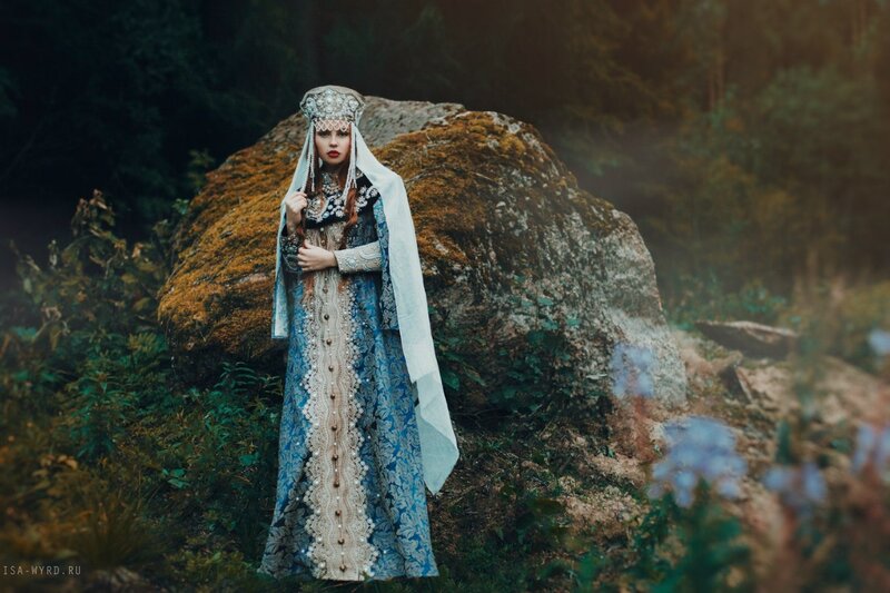 Woman in Traditional Dress — Blue, Dramatic, Photograph, Forest