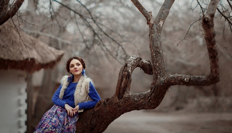 Woman in Traditional Dress — Blue, Serene, Autumn