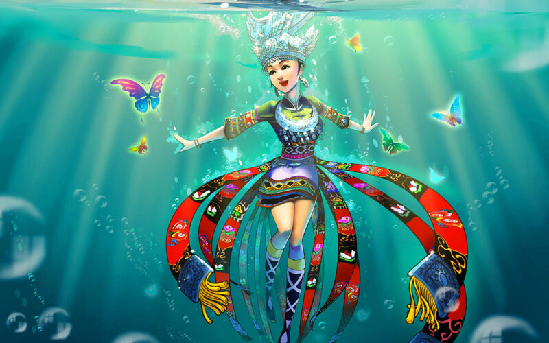 Woman in Traditional Dress — Blue, Serene, Digital Art, Butterflies