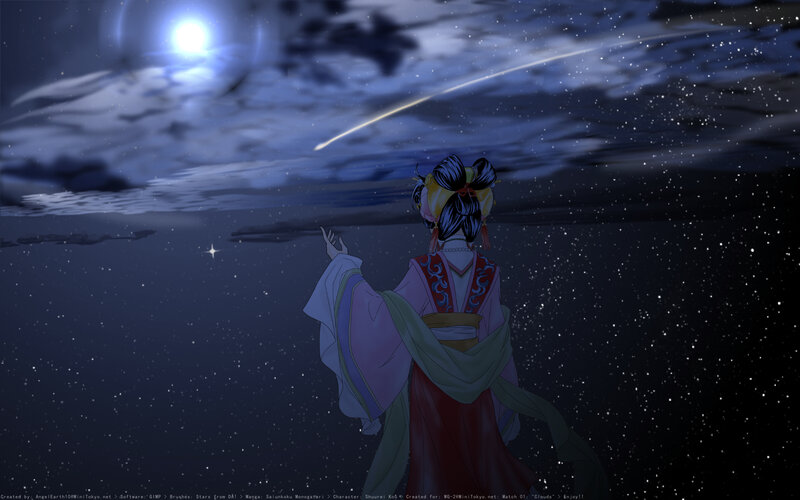 Woman in Traditional Dress — Blue, Serene, Night, Anime