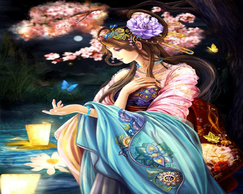 Woman in Traditional Dress — Blue, Serene, Night, Digital Art, Butterfly