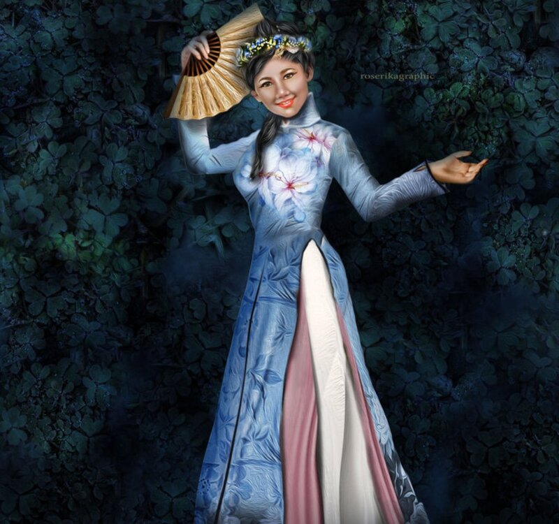 Woman in Traditional Dress — Blue, Serene, Night, Digital Art, Fan