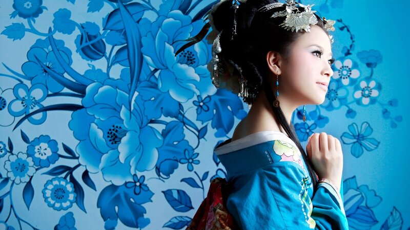 Woman in Traditional Dress — Blue, Serene, Photograph