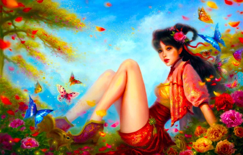 Woman in Traditional Dress — Blue, Serene, Spring, Digital Art