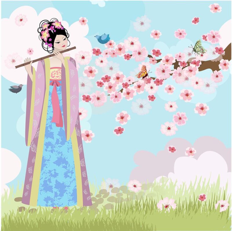 Woman in Traditional Dress — Blue, Serene, Spring, Illustration