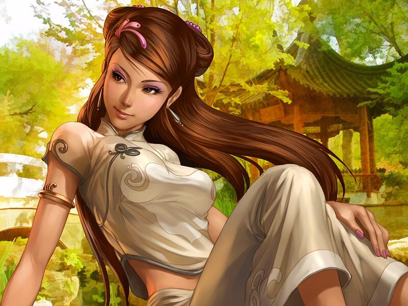 Woman in Traditional Dress — Brown, Serene, Afternoon, Digital Art, Trees