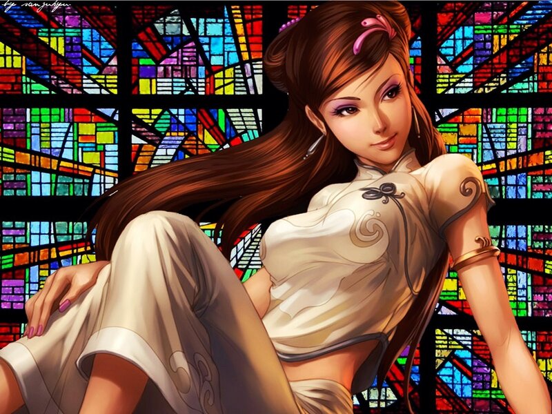 woman in traditional dress by stained glass