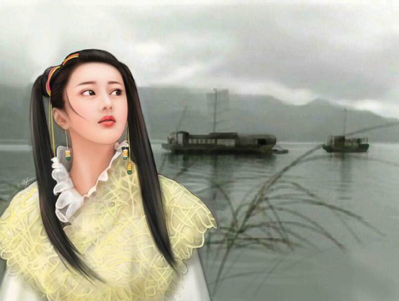 woman in traditional dress by water