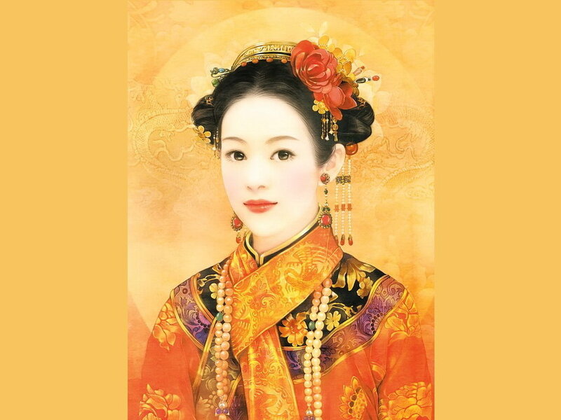 Woman in Traditional Dress — Gold, Serene, Illustration