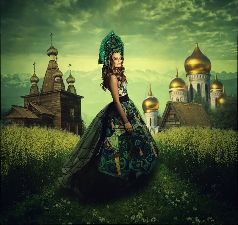 Woman in Traditional Dress — Green, Dramatic, Afternoon