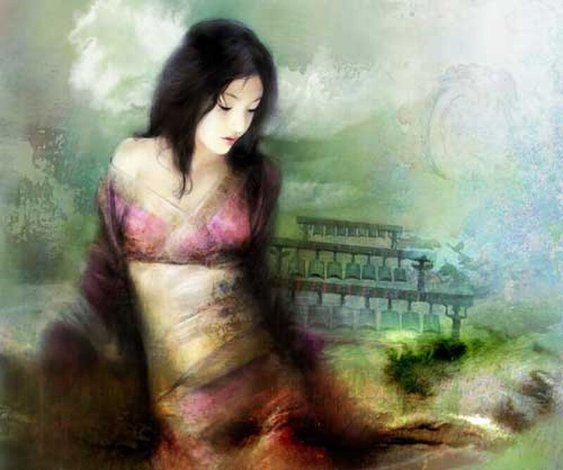 Woman in Traditional Dress — Green, Melancholic
