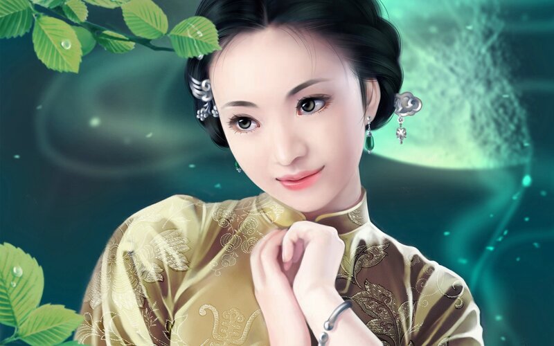 Woman in Traditional Dress — Green, Serene, Digital Art, Green Leaves, Earrings, Hand Jewelry, Gold, Brown