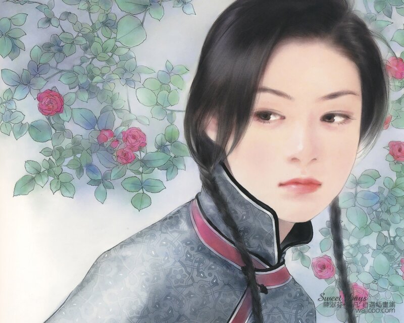 Woman in Traditional Dress — Green, Serene, Illustration