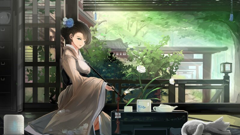 Woman in Traditional Dress — Green, Serene, Morning, Anime