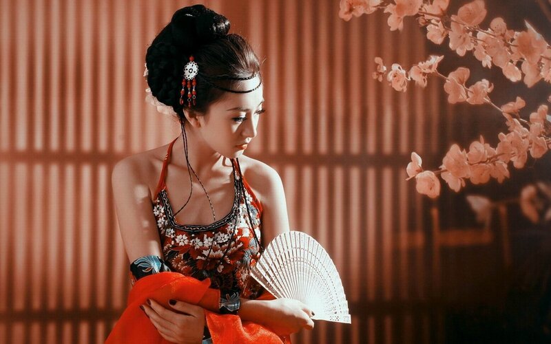 woman in traditional dress holding fan