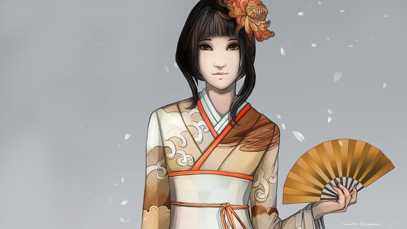 woman in traditional dress holding fan