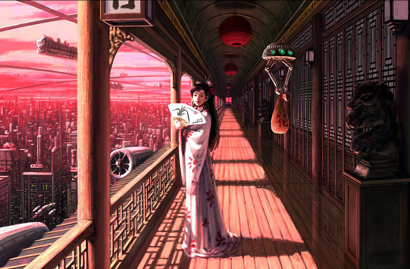 Woman in traditional dress on a futuristic balcony