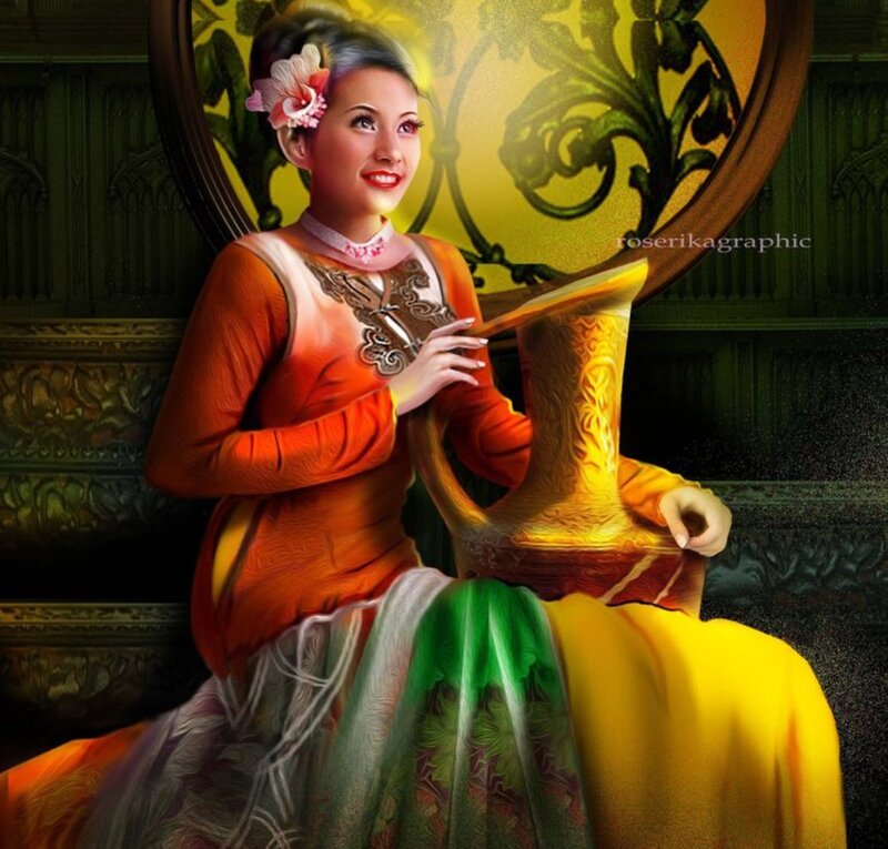 Woman in Traditional Dress — Orange, Dramatic, Digital Art