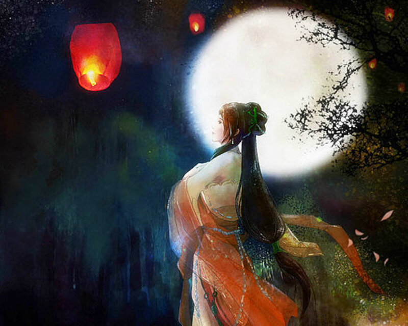 Woman in Traditional Dress — Orange, Serene, Night