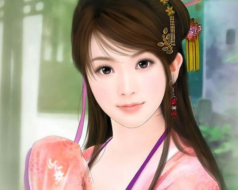 Woman in Traditional Dress — Pink, Calm, Digital Art, Hair Ornament