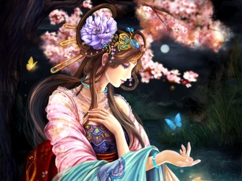 Woman in Traditional Dress — Pink, Serene, Night
