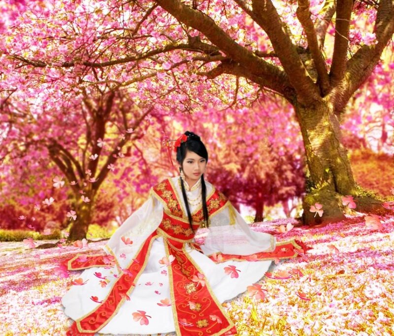 Woman in Traditional Dress — Pink, Serene, Spring, Digital Art, Cherry Blossoms, Tree