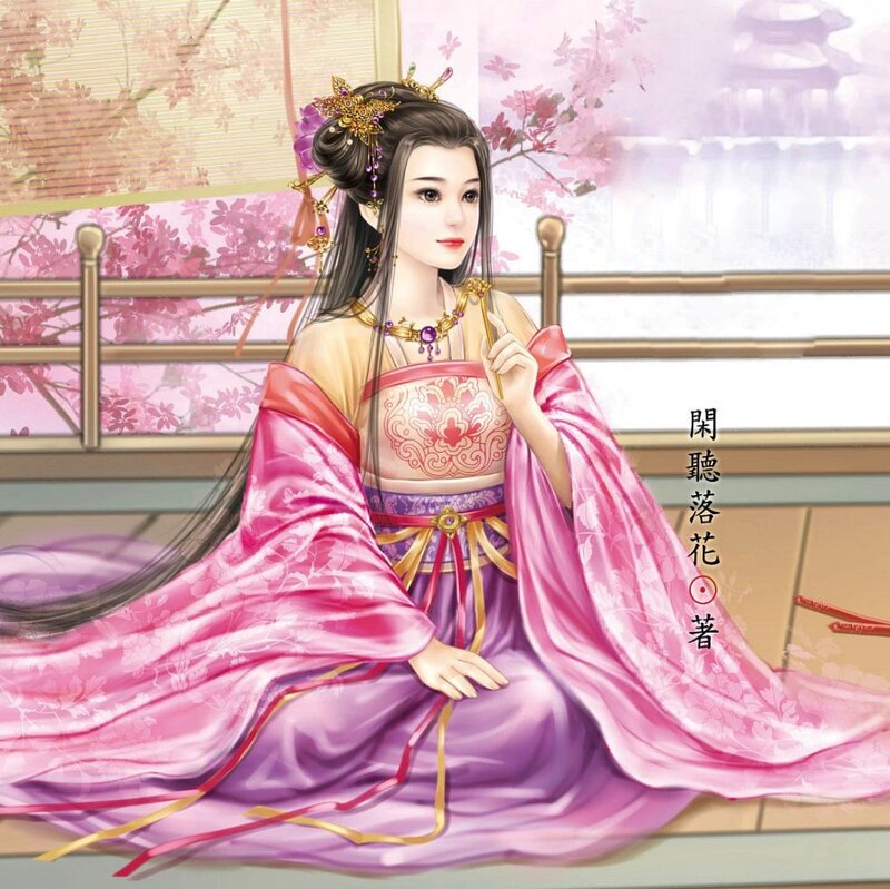 Woman in Traditional Dress — Pink, Serene, Spring, Digital Art, Pink Flowers
