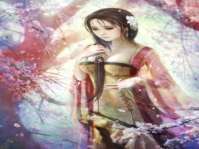 Woman in Traditional Dress — Pink, Serene, Spring, Digital Art