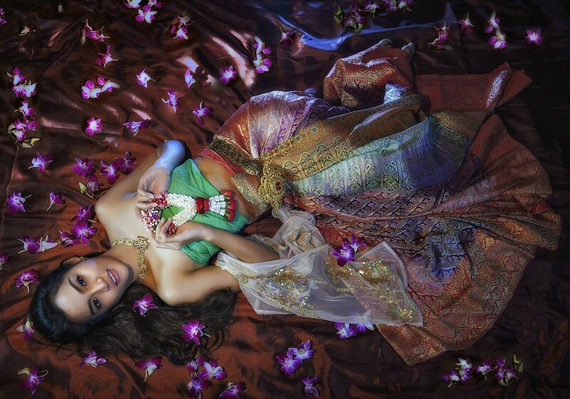 Woman in Traditional Dress — Purple, Serene, Photograph