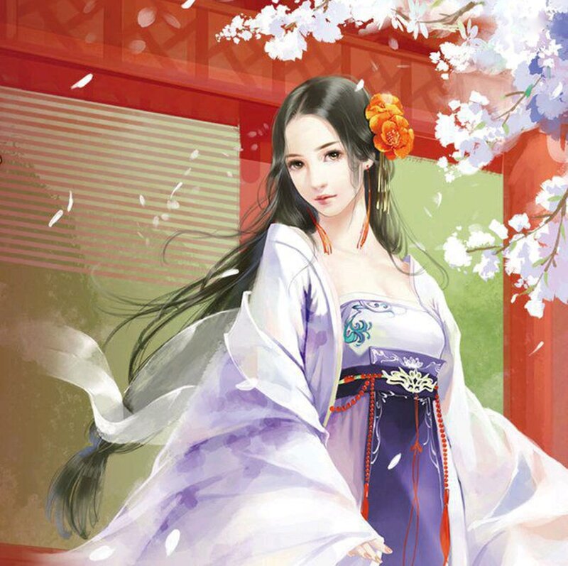 Woman in Traditional Dress — Purple, Serene, Spring, Digital Art, Cherry Blossoms, Building