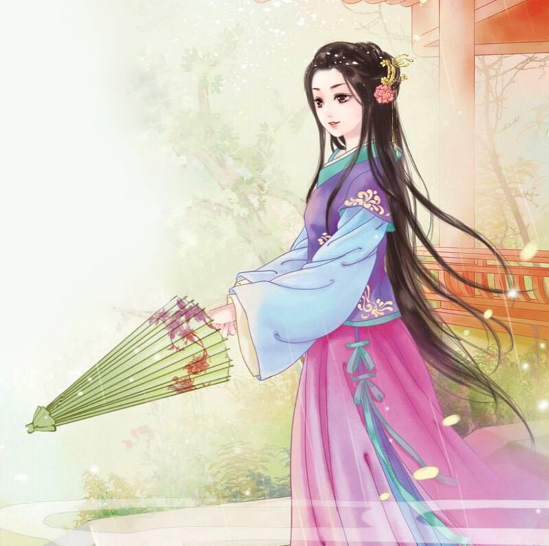 Woman in Traditional Dress — Purple, Serene, Spring, Digital Art, Umbrella, Hair Ornament