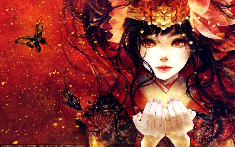 Woman in Traditional Dress — Red, Dramatic, Digital Art, Butterfly