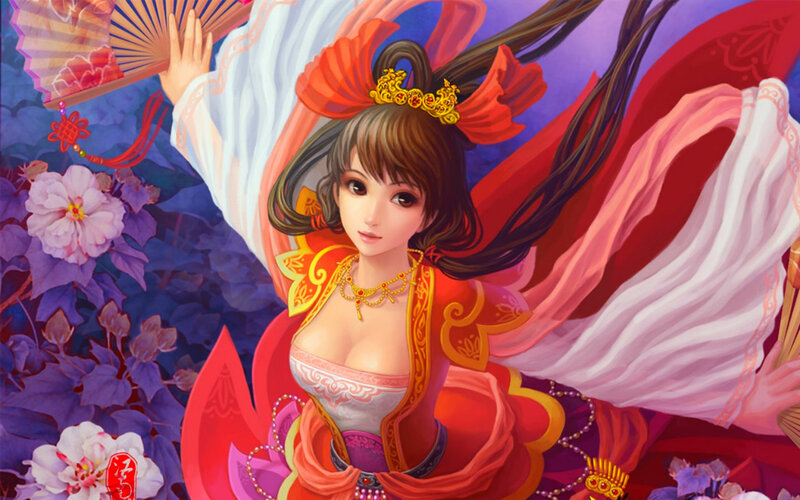 Woman in Traditional Dress — Red, Dramatic, Digital Art, Fan