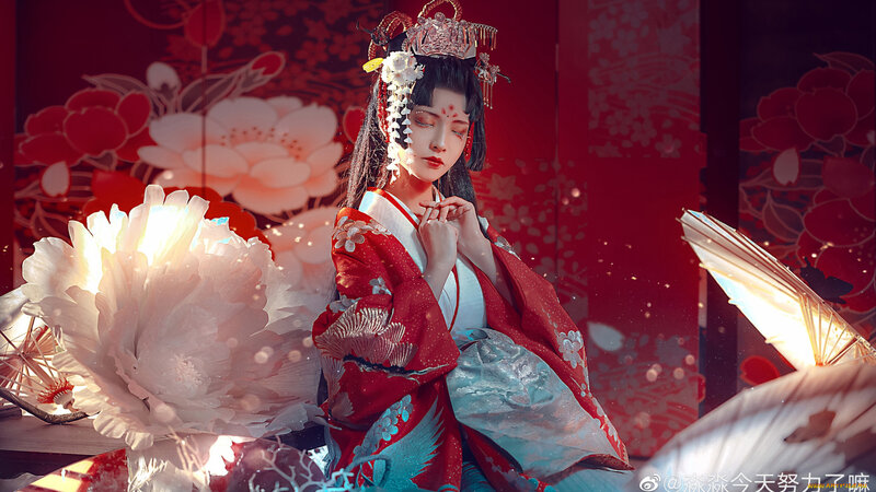 Woman in Traditional Dress — Red, Dramatic, Digital Art, Flower