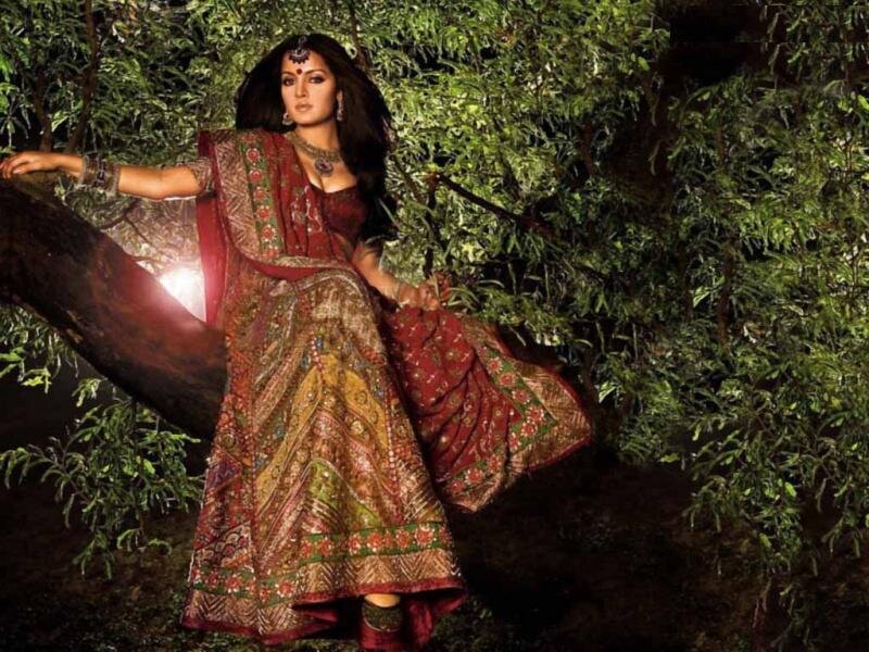 Woman in Traditional Dress — Red, Dramatic, Night, Photograph, Tree
