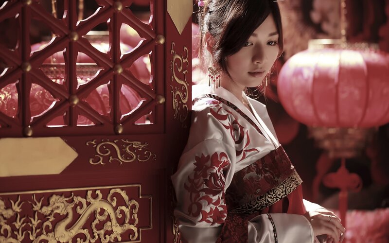 Woman in Traditional Dress — Red, Dramatic, Photograph, Red Lantern