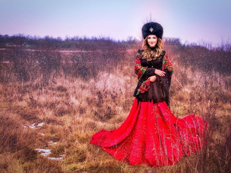 Woman in Traditional Dress — Red, Dramatic, Winter