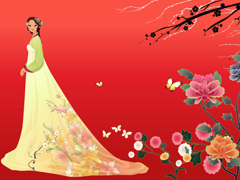 Woman in Traditional Dress — Red, Serene, Digital Art
