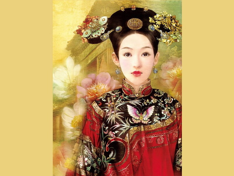 Woman in Traditional Dress — Red, Serene, Illustration
