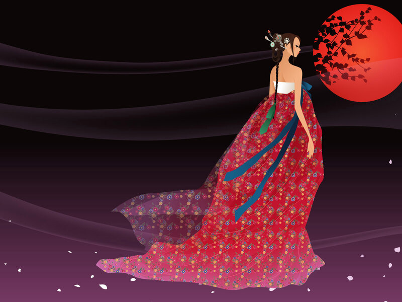 Woman in Traditional Dress — Red, Serene, Night