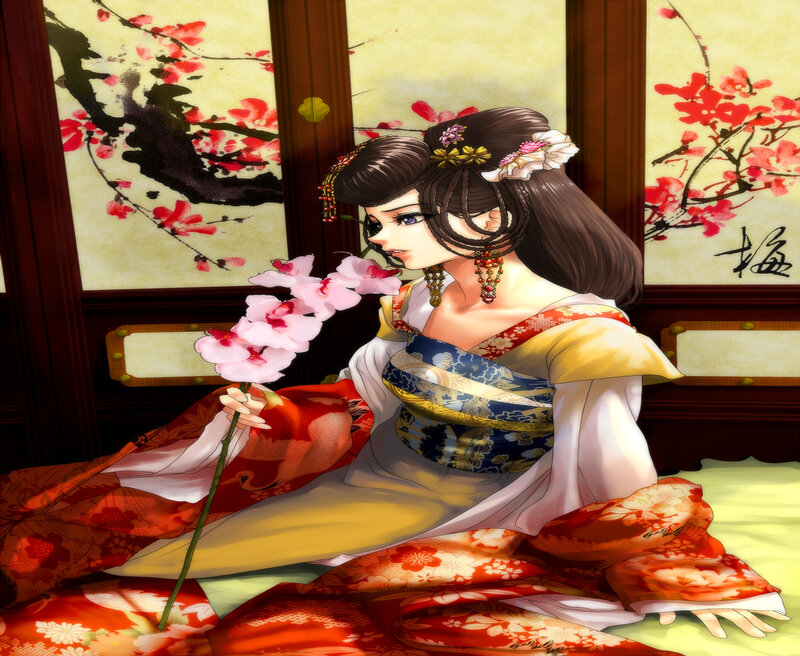 Woman in Traditional Dress — Red, Serene, Spring, Anime
