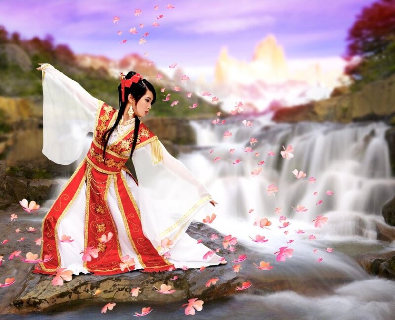 Woman in Traditional Dress — Red, Serene, Spring, Digital Art