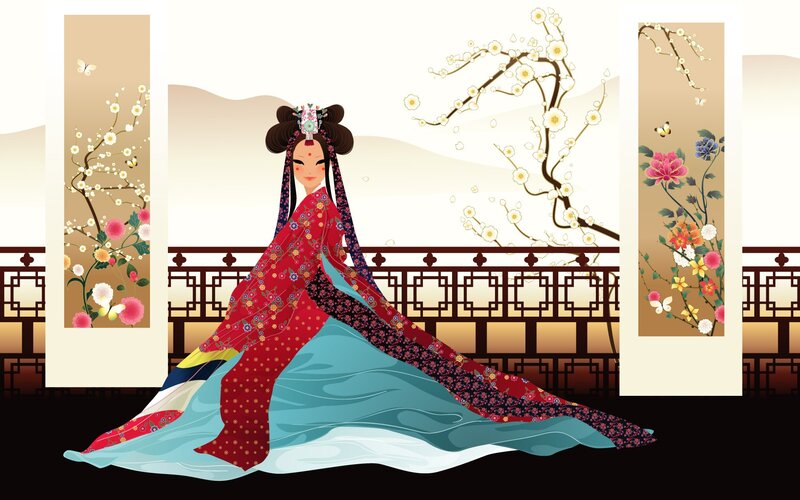 Woman in Traditional Dress — Red, Serene, Spring, Illustration