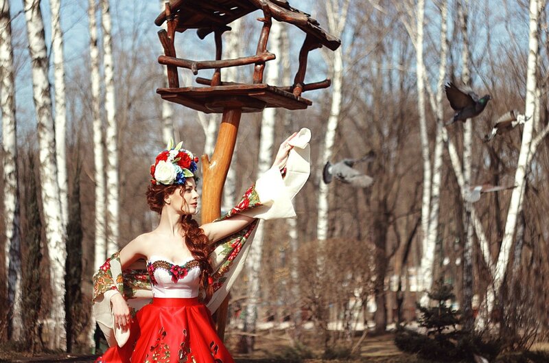 Woman in Traditional Dress — Red, Serene, Spring, Photograph, Birch Trees