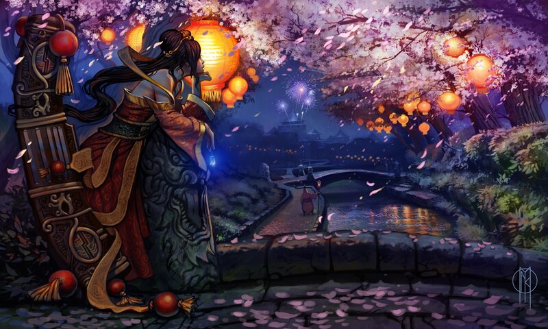 Woman in traditional dress under cherry blossoms