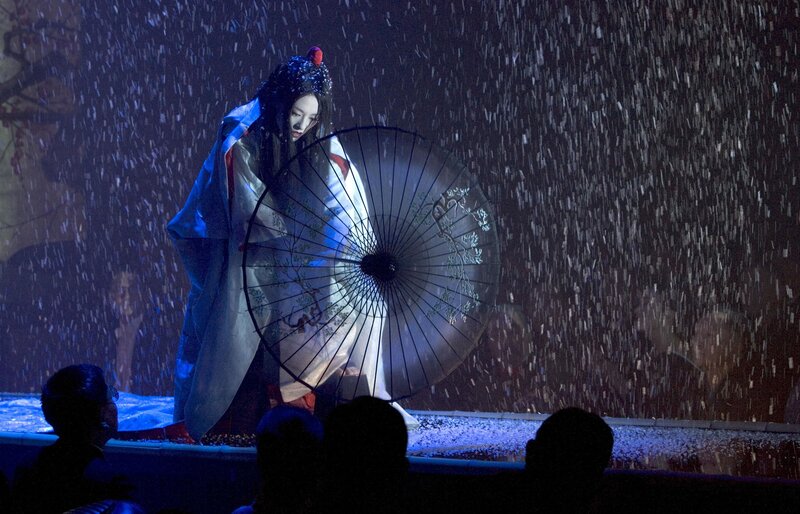 Woman in traditional dress under rain