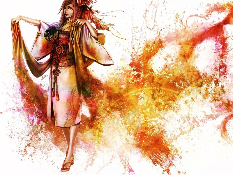 Woman in Traditional Dress — White, Dramatic, Digital Art, Kimono