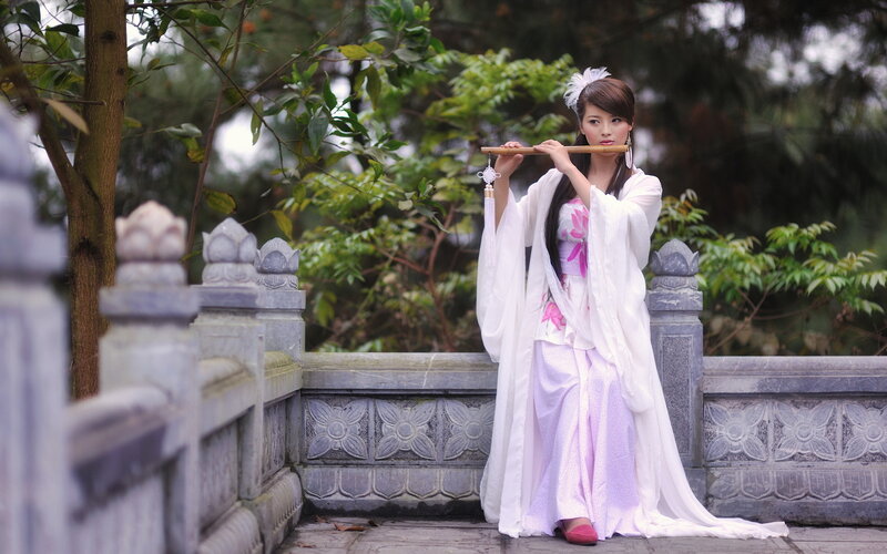 Woman in Traditional Dress — White, Serene, Photograph