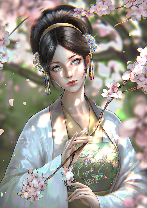 Woman in Traditional Dress — White, Serene, Spring, Digital Art, Cherry Blossoms