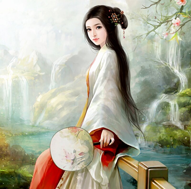 Woman in Traditional Dress — White, Serene, Spring, Digital Art, Fan